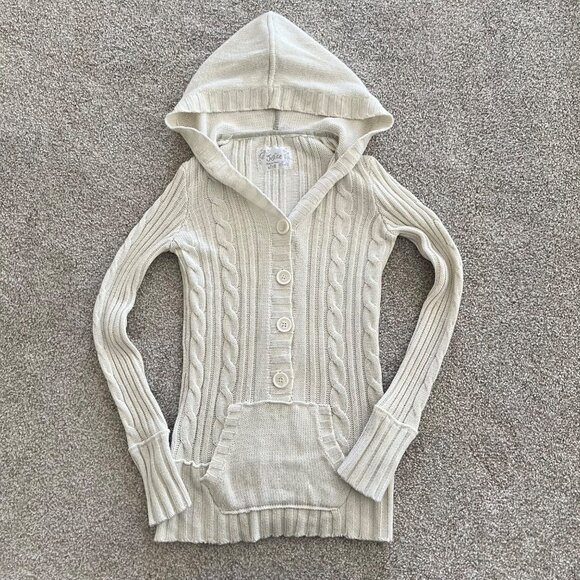 Justice Y2K Cable Knit Hooded Button Up Glitter Thread Ivory Cream Sweater XS - Picture 6 of 8